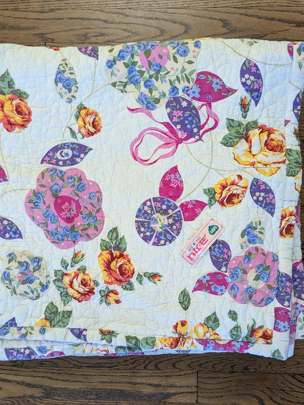 Twin Floral Quilted Bedspread in White with Pink, Purple & Yellow Flowers